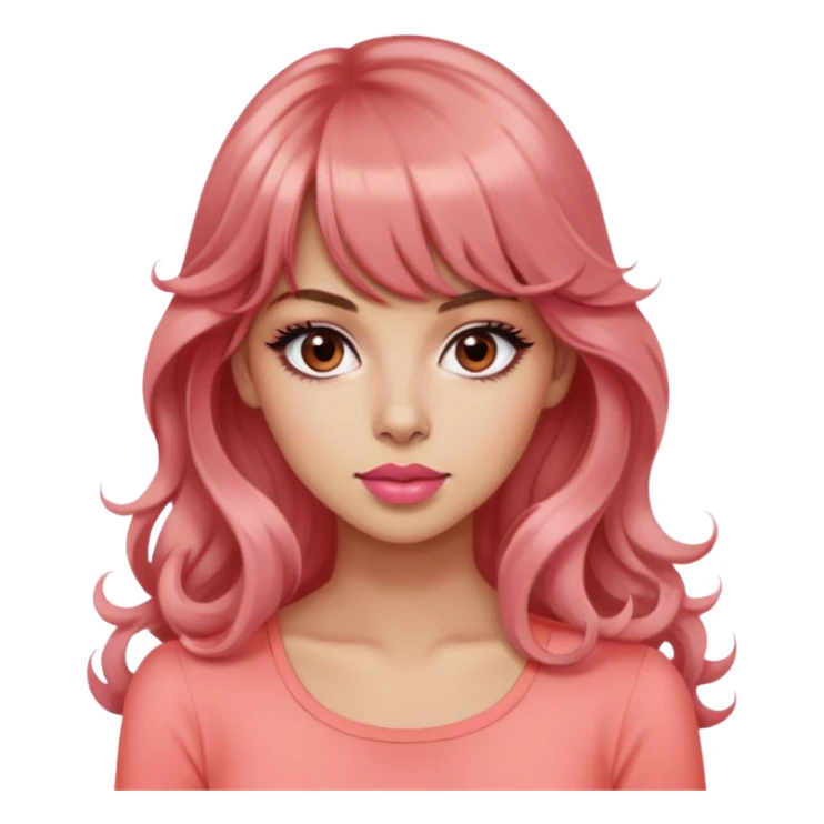 cute woman, diva, popular girl, rolling eyes, light tan skin, black eyes, very long wavy auburn hair, bangs, pink top, coral lipstick sticker