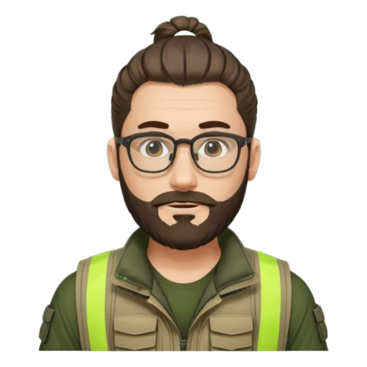 man with glasses, beard, man bun hairstyle, tactical vest sticker