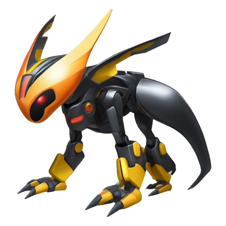 a shiny metallic black-orange-yellow Genesect-Flygon-Raptor-Fakémon-Medabot-hybrid with a futuristic visor-helmet full body sticker
