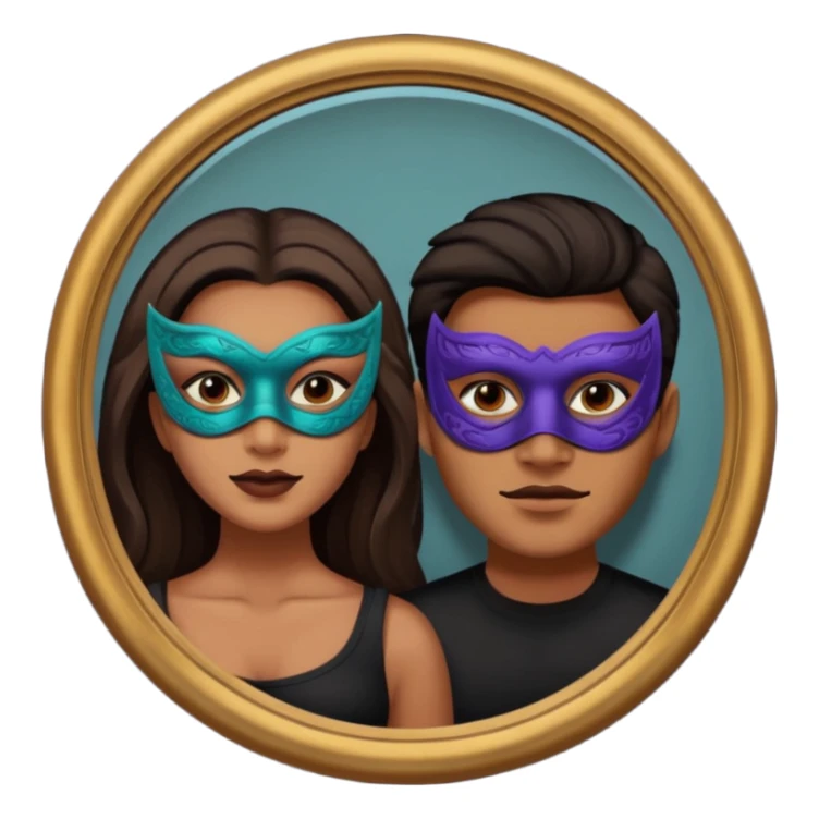 Man on mask in mirror behind woman sticker