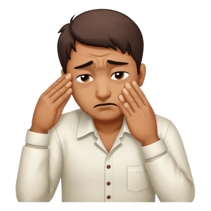 A cartoon sticker of an exhausted Indian man facepalming softly with a dramatic sigh. Add text: “Main thak gaya boss.” sticker