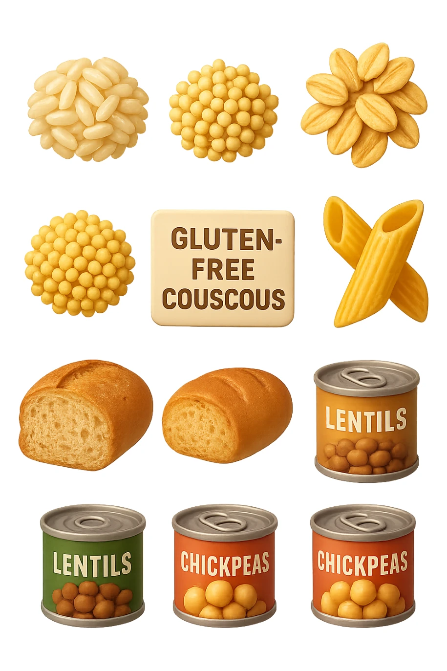 emoji stile iphone 3d di questi elementi che fluttuano in aria:

Riso, quinoa, avena, miglio, couscous senza glutine
Pasta e pane gluten-free
Farro a lievitazione lunga
Lenticchie e ceci in scatola

 che fluttuano in aria, iperealistico 4k sticker