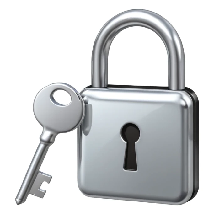 A chrome silver lock and key emoji, smooth metallic surfaces, glossy reflections, luxury swag vibe, minimal iOS emoji style, centered on clean white background sticker