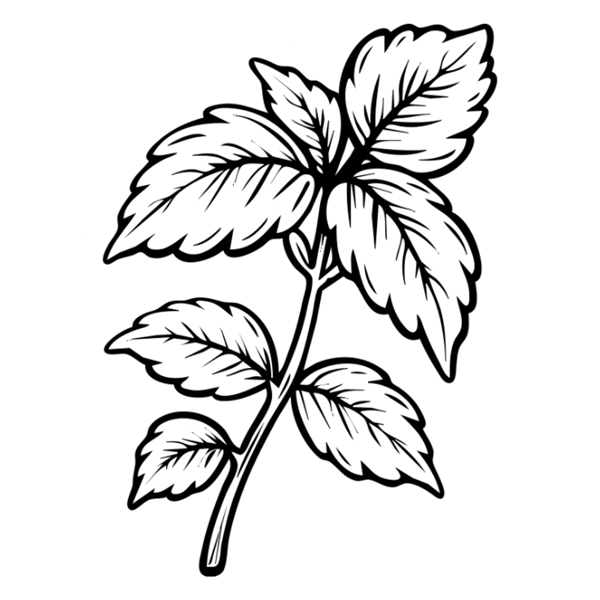 Fresh basil herb with detailed leaves on stems, botanical illustration sticker