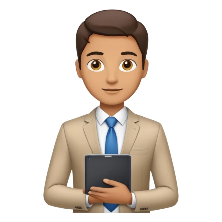 business executive confidently, holding a digital tablet or folder. The character wears smart business attire sticker