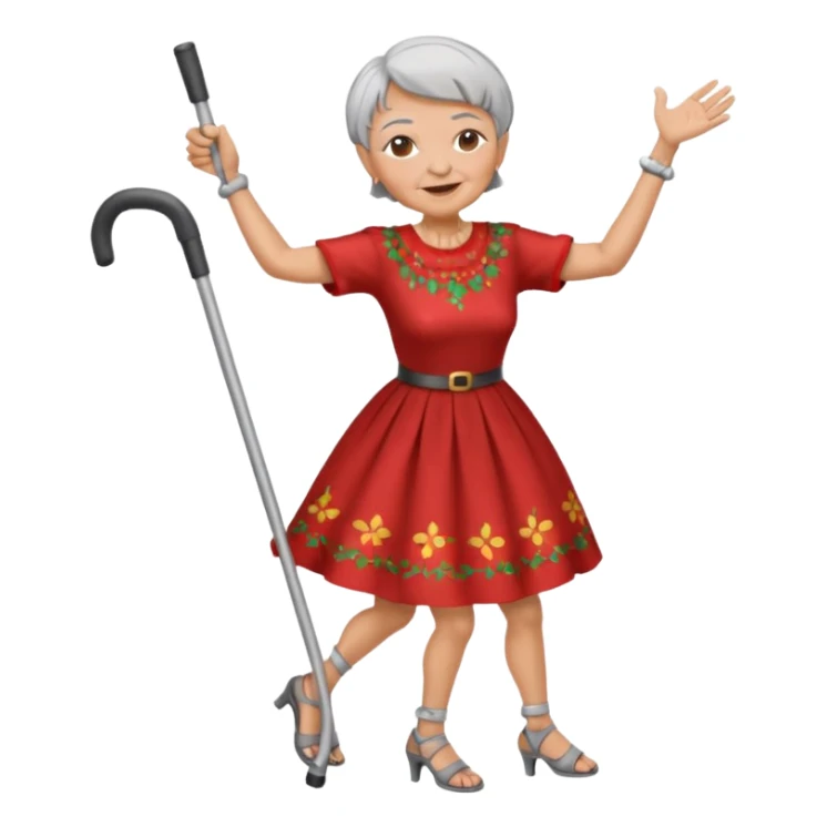 old woman with short hair dancing with crutches sticker