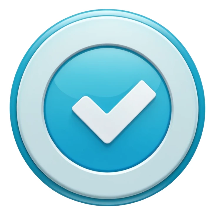 Modern emoji-style  verified icon: cyan-blue circular badge, bold white checkmark, smooth gradient, soft glossy highlights, subtle shine, thick white border, minimalist flat + semi-3D style, smooth edges, high contrast, transparent PNG, high quality, sharp. sticker