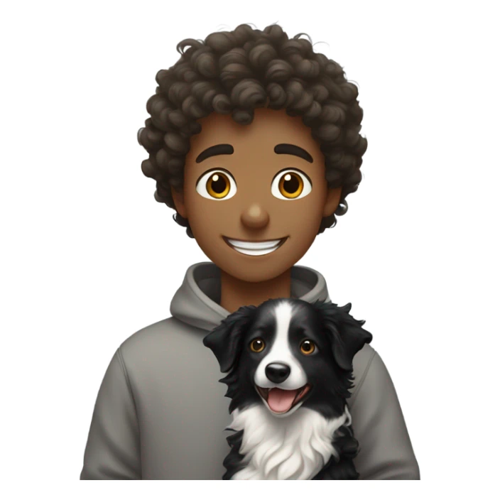 A happy curly-haired boy in a sweatshirt holds a border collie sticker
