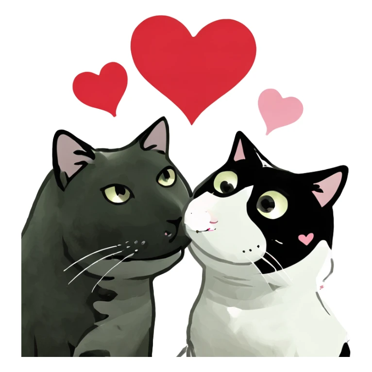 Big black cat is kissing a small white cat with hearts above sticker