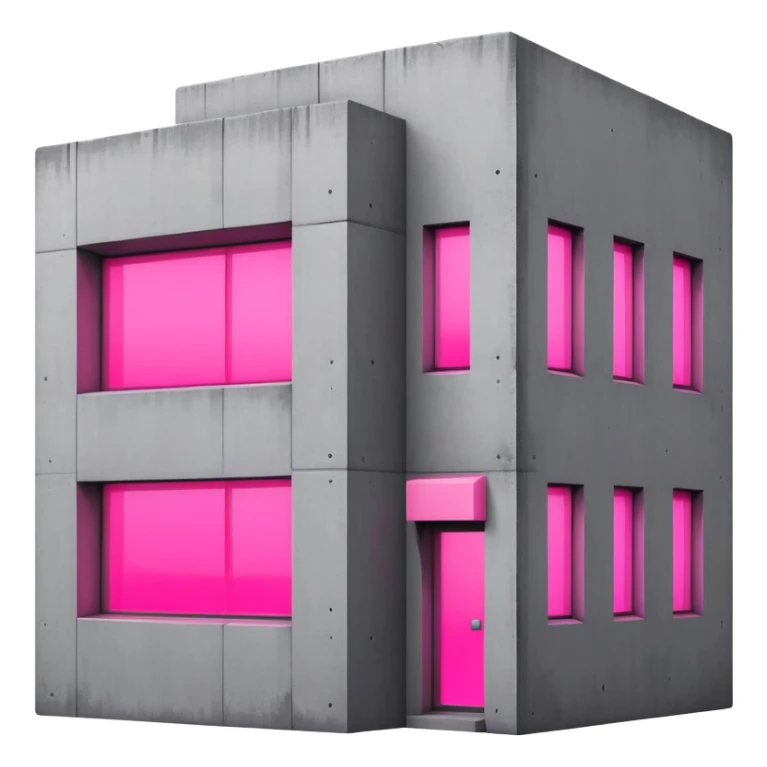 Minimalist gray concrete building with one window glowing bright pink, brutalist architecture sticker