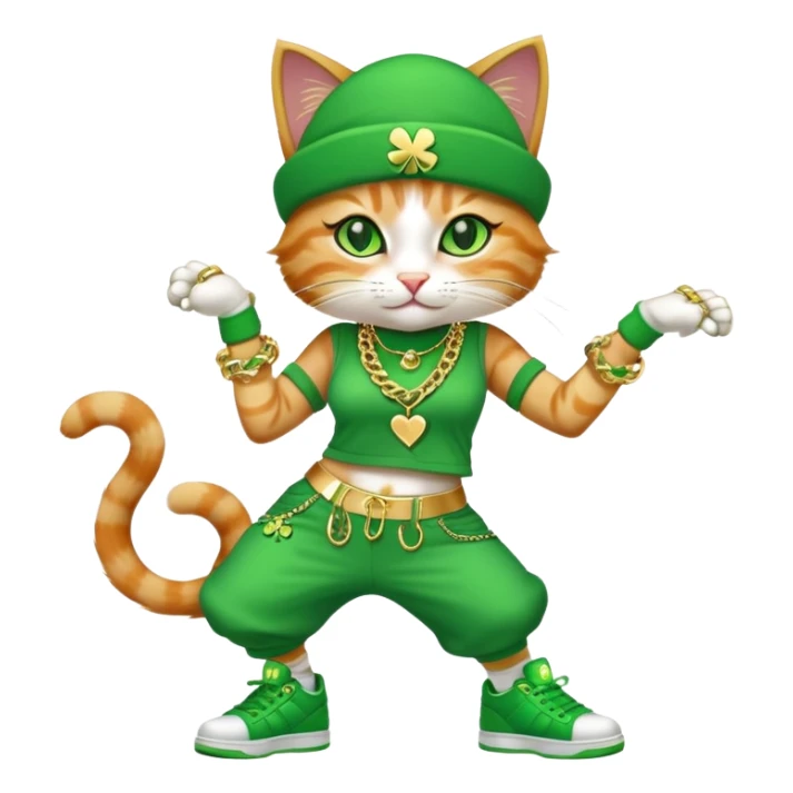 female cat dressed in hip-hop Run DMC style with green outfit, shamrock accessories, gold chains, bling, St. Patrick's Day, break dancing sticker