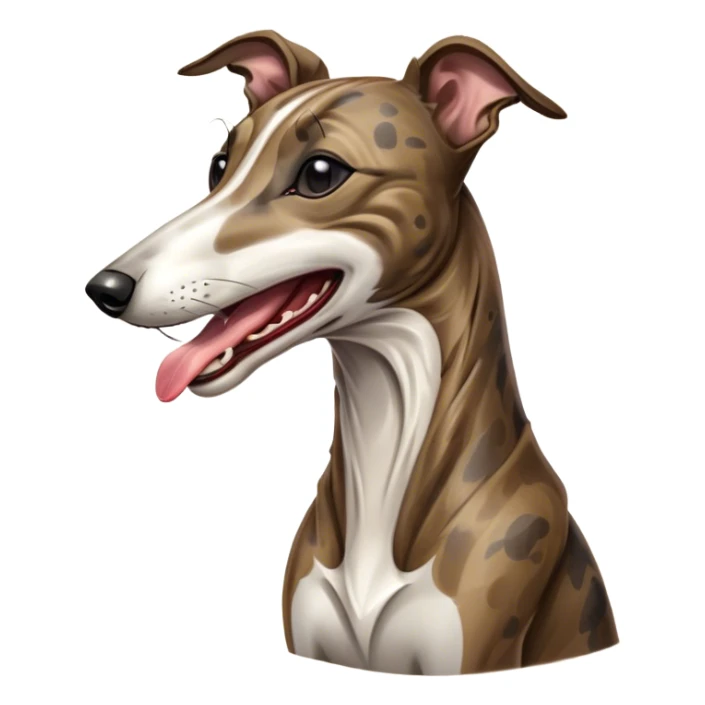 Cinematic Cute Yawning Brindle Greyhound Portrait Emoji, Head tilted slightly with a dramatic, wide-open yawn, showcasing a smooth brindle Fur with a refined pattern, floppy ears slightly drooping, round eyes barely open in drowsy contentment, Simplified yet irresistibly adorable features, highly detailed, glowing with a soft, cozy glow, high shine, relaxed yet expressive, stylized with a touch of whimsy, bright and endearing, soft glowing outline, capturing the essence of a sleepy yet affectionate racer, so drowsy it feels like it could stretch out of the screen and curl up for a nap! sticker