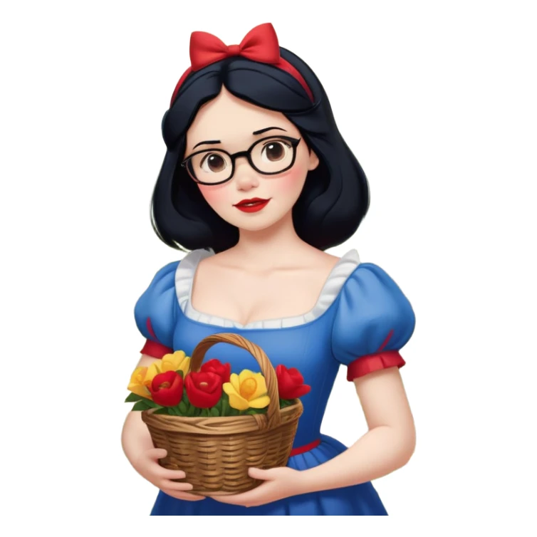 Create a charming and enchanting image of Snow White standing gracefully in the middle of a forest clearing, surrounded by the Seven Dwarfs. Snow White should be depicted with her classic features – pale skin, red lips, black hair, and a dress in blue, yellow, and red. She should be holding a small basket of vibrant, freshly-picked flowers. The Seven Dwarfs should be seen around her, each with their unique characteristics: Doc with his glasses and thoughtful expression, Grumpy with a scowl, Happy with a big smile, Sleepy looking drowsy, Bashful blushing, Sneezy mid-sneeze, and Dopey with his playful and mischievous look. The scene should be set in a lush, green forest with tall trees, colorful flowers, and beams of sunlight filtering through the canopy. The overall ambiance should be lighthearted, magical, and full of fairy tale charm. sticker