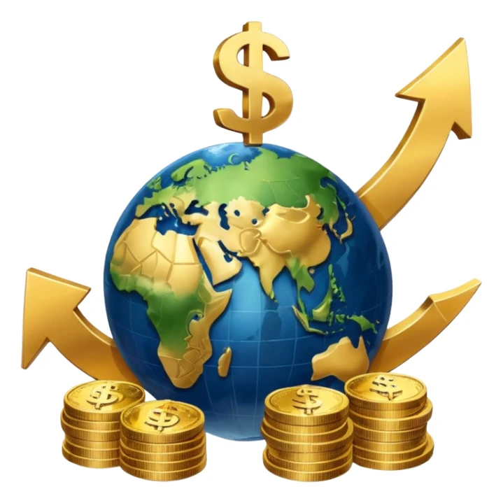 An icon featuring  a dollar sign, and a chart with upward trends, symbolizing economics. The design includes coins, bills, and earth e, representing global trade and financial systems. Transparent background highlights the study of markets, supply, and demand. sticker