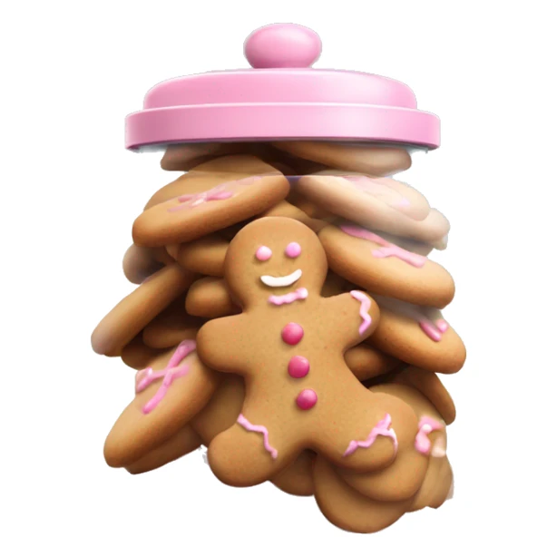 Realistic glass cookie jar with light pink lid full of gingerbread cookies isolated.  sticker