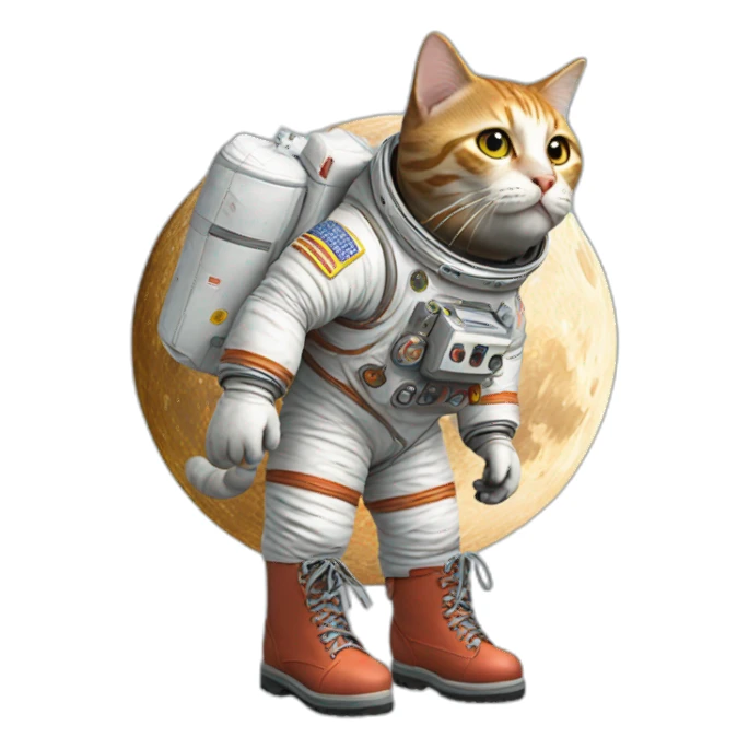 cat walking on moon with boots made of burgers sticker