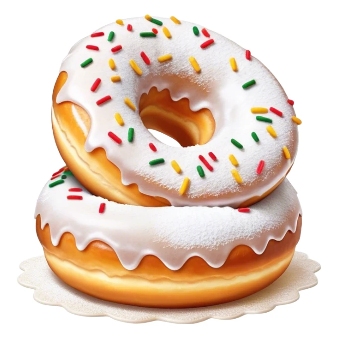 Cinematic fluffy donuts, perfectly golden and dusted with powdered sugar, vibrant icing with sprinkles, stacked in a playful arrangement, soft glowing highlights, warm and inviting. sticker