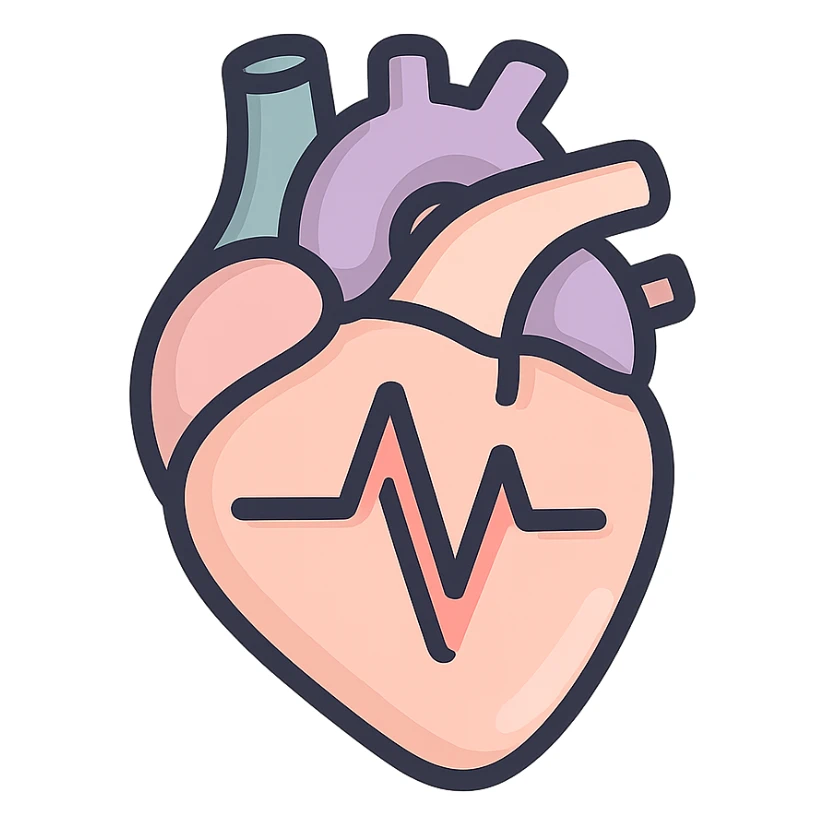 anatomical heart with a high cardiogram line inside, icon-color-outlined style, thin clean contours, soft rounded shapes, pastel palette #98B5BC, #B5B3C1, #C9A3C9, #E4C0CA, #F7DCD1, #F7C0AA, detailed shadows and highlights, soft lighting, transparent background, no base or decoration sticker