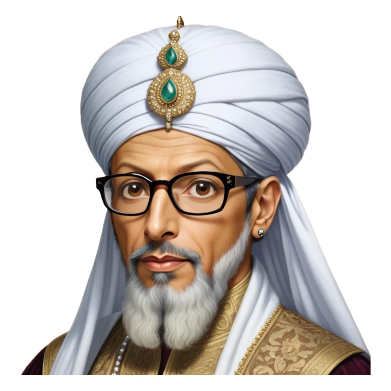 Jeff Goldblum without glasses as a regal portrait dressed as _cinematic-realistic-portrait-of-suleiman-the-magnificent,-depicted-as-a-regal-ottoman-sultan-adorned-with-a-large,-white,-round,-tall-turban-and-a-majestic-grey-beard,-his-commanding-gaze-bathed-in-warm,-historic-lighting-that-exudes-timel sticker