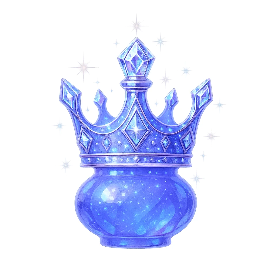 crown-shaped luxurious elixir bottle, unmistakably crown-like silhouette (not a flask), color #7986cb, multi-layered holographic and silver details, intricate crystal facets, magical radiant glowing and sparkling effects, seamless and beautifully joined rounded and closed bottom (not flat or open), very small neck, transparent background, floating clearly in air, not standing, no base or shadow, modern, extremely beautiful, matching a collection sticker