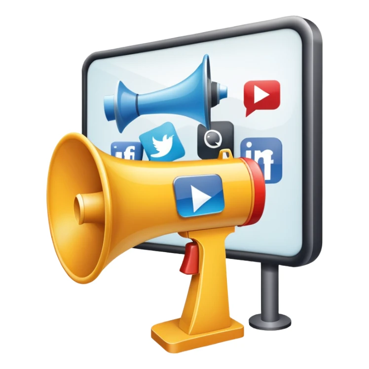 An icon featuring a megaphone, a billboard, and social media icons, symbolizing advertising and public relations. The design includes a press release and a rising graph, representing brand promotion and communication strategies. Transparent background highlights media influence and outreach. sticker