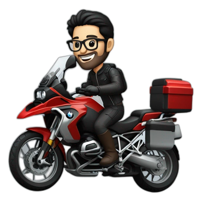 Francisco-Javier-Sans-Sánchez, black haired, with beard and glasses, riding a red BMW-R-1200-GS,waving sticker