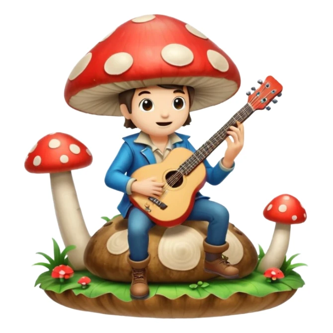 mushroom bard character playing tiny guitar on giant mushroom sticker