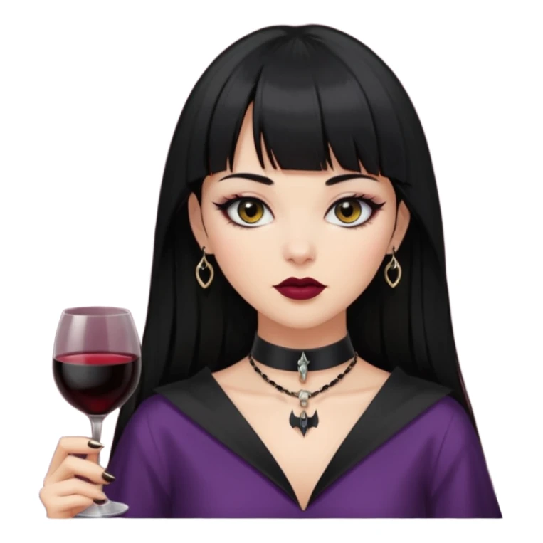 mulher cabelos pretos longos e lisos com uma franja curta acima dos olhos, olhos pretos com delineado, expressão séria, com um sorriso sensual e lábios cor de vinho, ela usa uma gargantilha preta com um pequeno pingente de morcego preto sticker