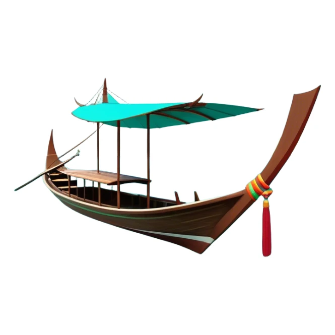 ​Cinematic Realistic Authentic Thai Longtail Boat, depicted as a traditional wooden longtail boat with a sleek, elongated hull and a brightly painted canopy, its long tail fin cutting gracefully through turquoise waters under a clear tropical sky, rendered with vibrant textures and dynamic natural lighting that captures its rustic charm and cultural heritage, sticker