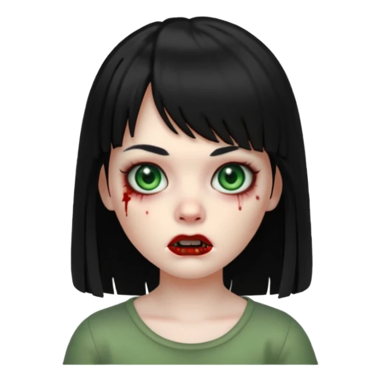 A zombie girl in Apple Memoji format with long, straight black hair and bangs. sticker