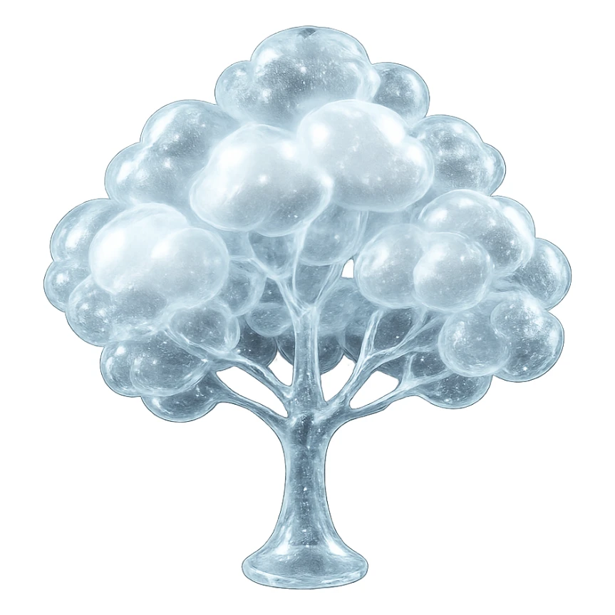 one tree with many branches and a white trunk, crown made of small very bright white fluffy convex clouds, matte glass style sticker