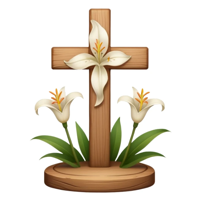 A wooden cross with lilies around the base sticker