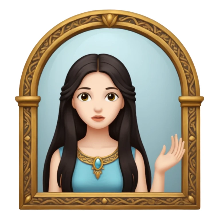 Woman facing ancient mirror, reflection slightly delayed and darker sticker