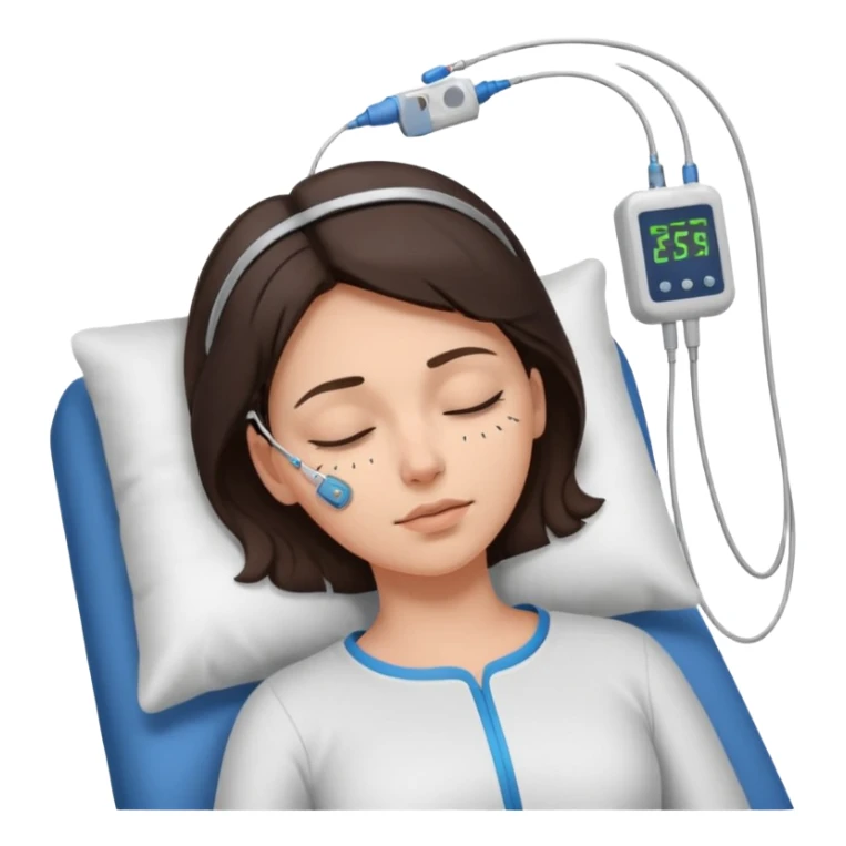 brunette woman sleeping polysomnography sleep test with electrodes attached to head sticker