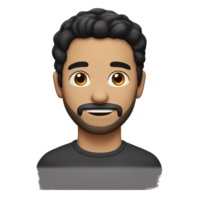 a man with black hair and a short haircut, a small black beard sticker