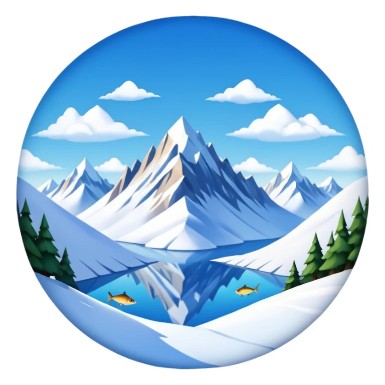 a snowy mountain landscape with towering peaks and a clear sky, fish eye lens effect sticker