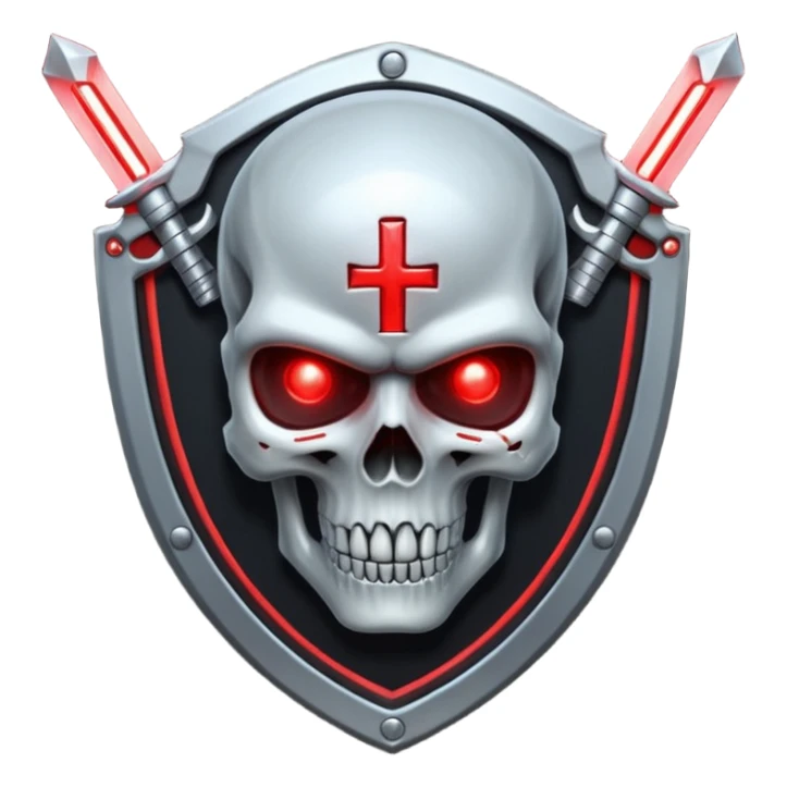 Sci-fi shield badge, terminator style skull, glowing red eyes, crossed futuristic sable and energy sword, no background sticker