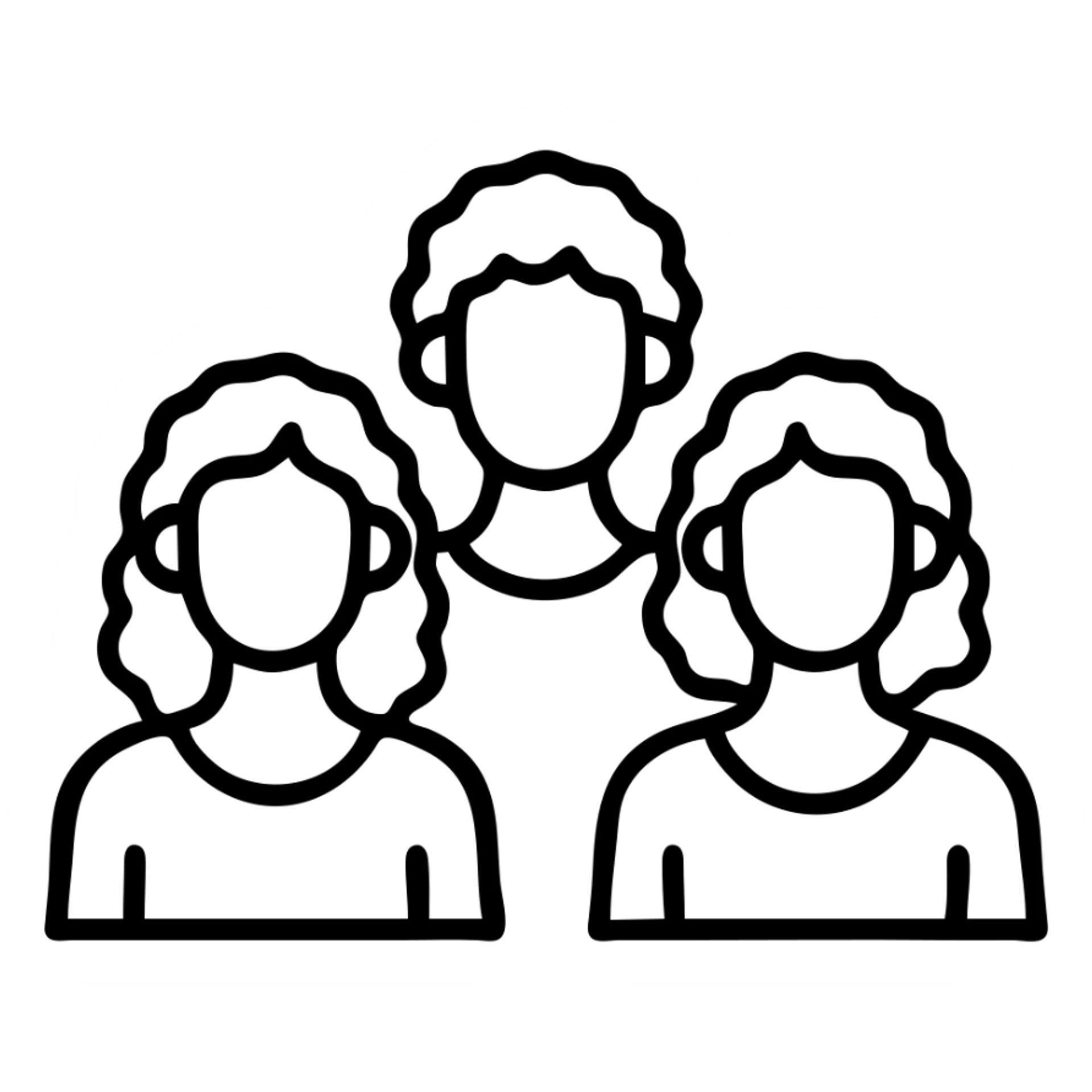 Three women with curly hair standing together, two with shoulder-length black curly hair and one with short black curly hair sticker
