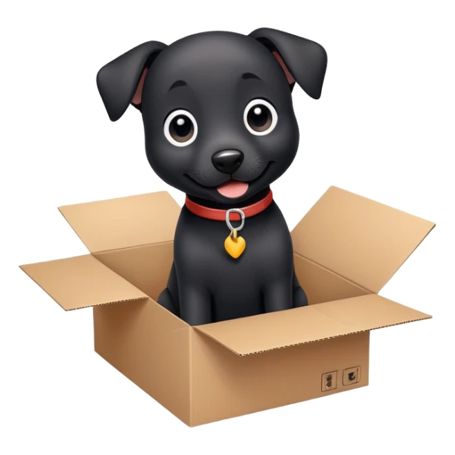  A very cute  young happy black dog with one's head tilted to one side poked its paws out of the cardboard big box and placed them on top of it sticker