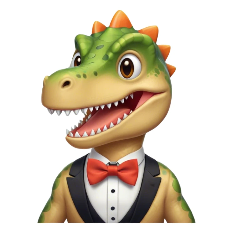laughing face of a dinosaur with a tiebow sticker