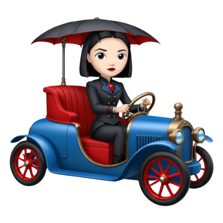 Jedi bounty hunter Wednesday Addams racing sitting in a modern blue,red and pewter steampunk electric luxury sticker