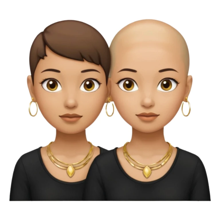 Twin sisters olive skin tone one with bald head and one with pixie brown hair cut wearing gold hoop earrings and gold necklace and black shirts sticker