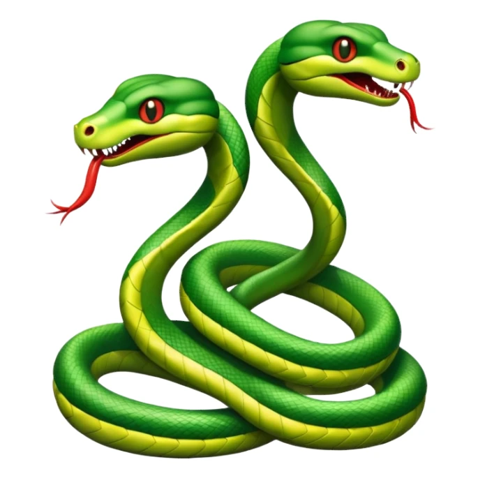 Two green snakes tangled at their tails, facing each other and hissing at each other sticker