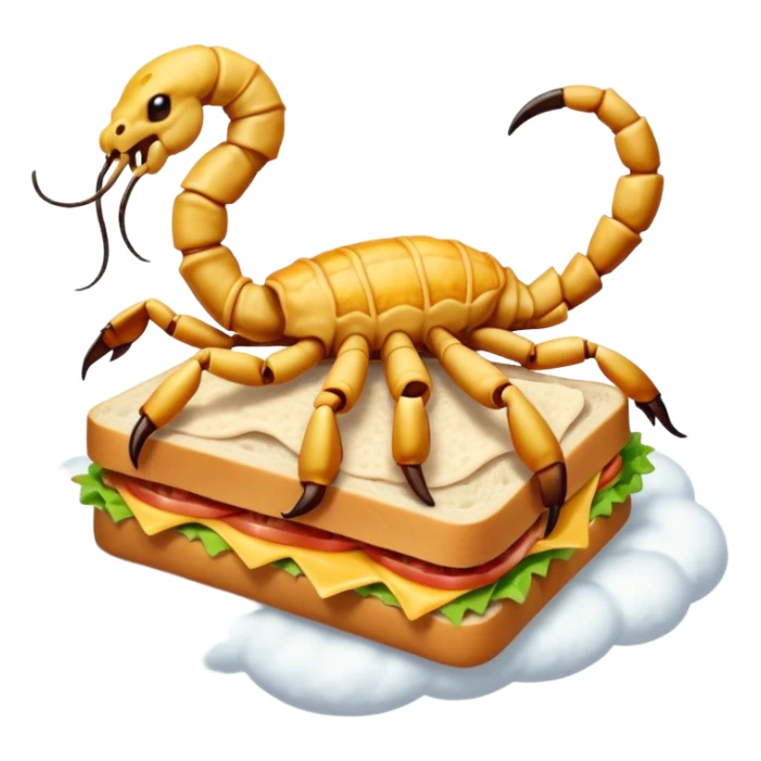 MAKE A SCORPION ON TOP OF A EHITE FLUFFY CLOUD THAT IS HOLDING A SANDWICH IN ITS CLAW AND LOOKING LIKE ITS EATING IT AND NOT ON TOP OF THE SANDWICH sticker
