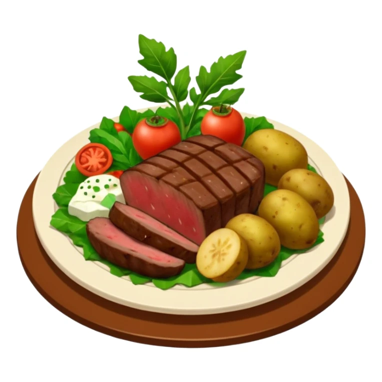 prato de jantar de buffet com pedaços de bife, batatas inglesas cortadas e vegetais verdes (como brocolis e tomates pequenos) sticker
