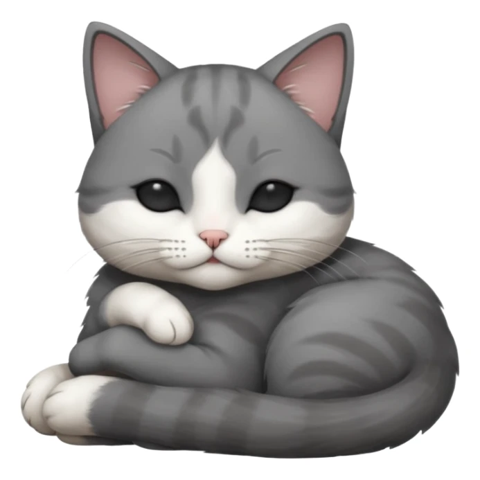 dark grey and white small cat with his eyes closed, leaning his head on his paw while leaning on his elbow lying down sticker