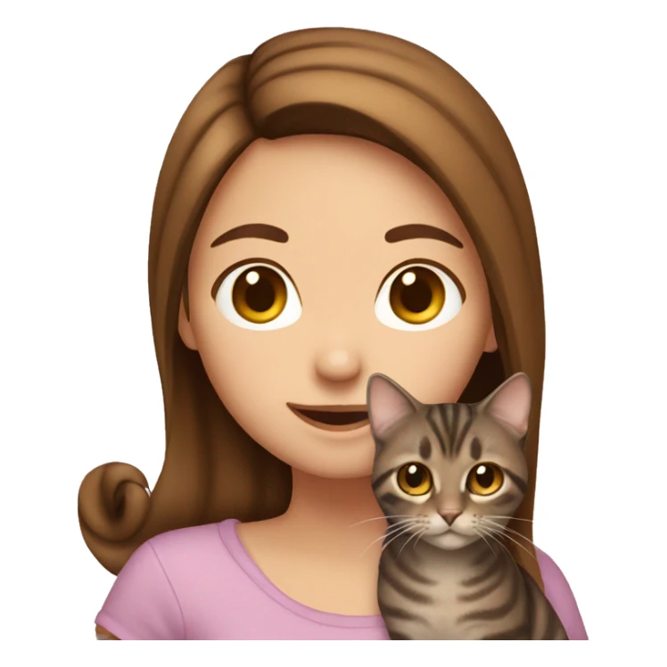 girl with brown hair holding brown tabby cat sticker