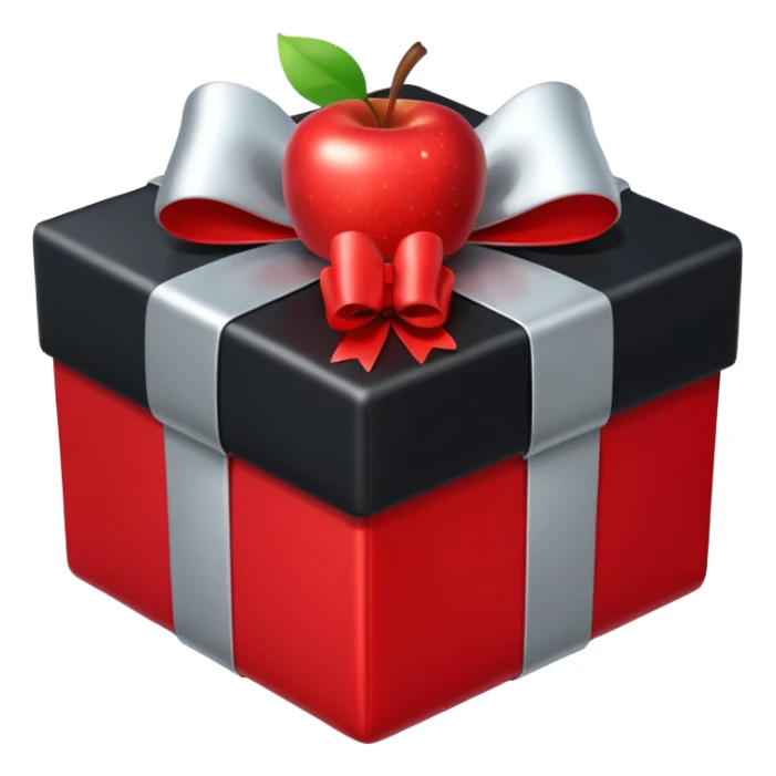 black gift box with shiny silver bow, apple emoji style, no text sticker