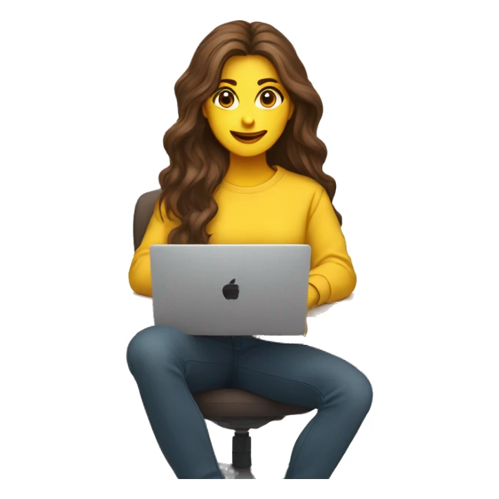 female coder with apple laptop in front of her, very long wavy brown hair, brown eyes, facing the right side while looking at the laptop, yellow sweatshirt, no glasses sticker