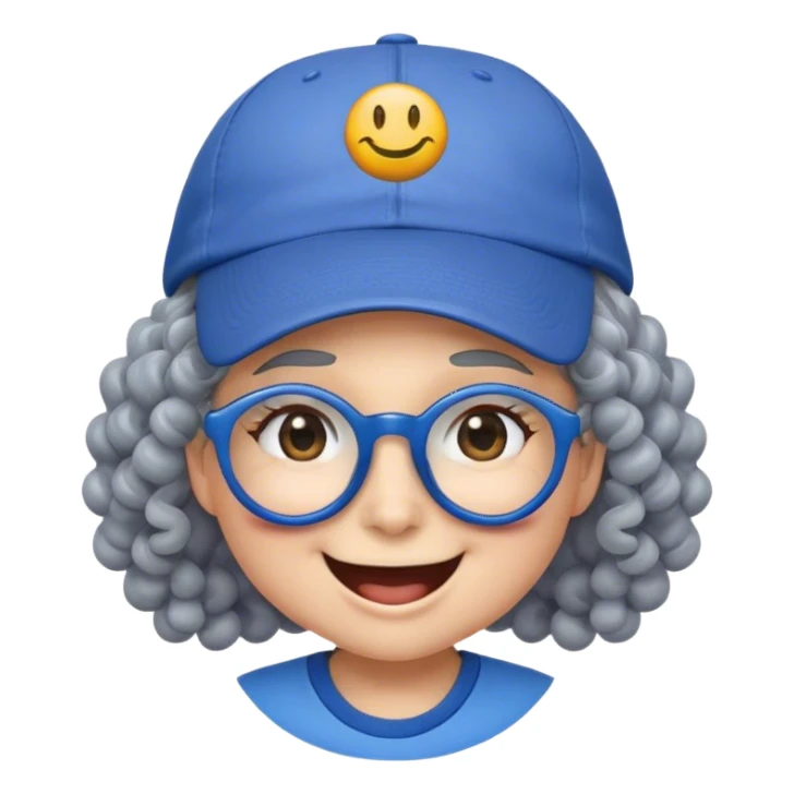 yellow female smiley face emoji, big smile, winking, wearing a blue ballcap backwards, grey curly hair, glasses, no eye color sticker